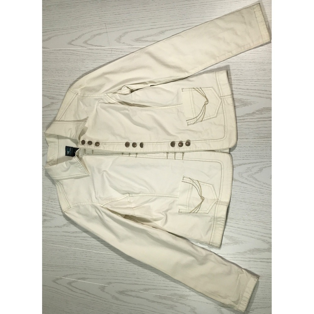 French Cuff White Denim Jacket Women M Button Up Stretch Pockets Biker New